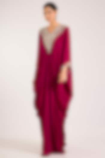 Berry Pink Chiffon Embellished Kaftan by Seema Thukral at Pernia's Pop Up Shop
