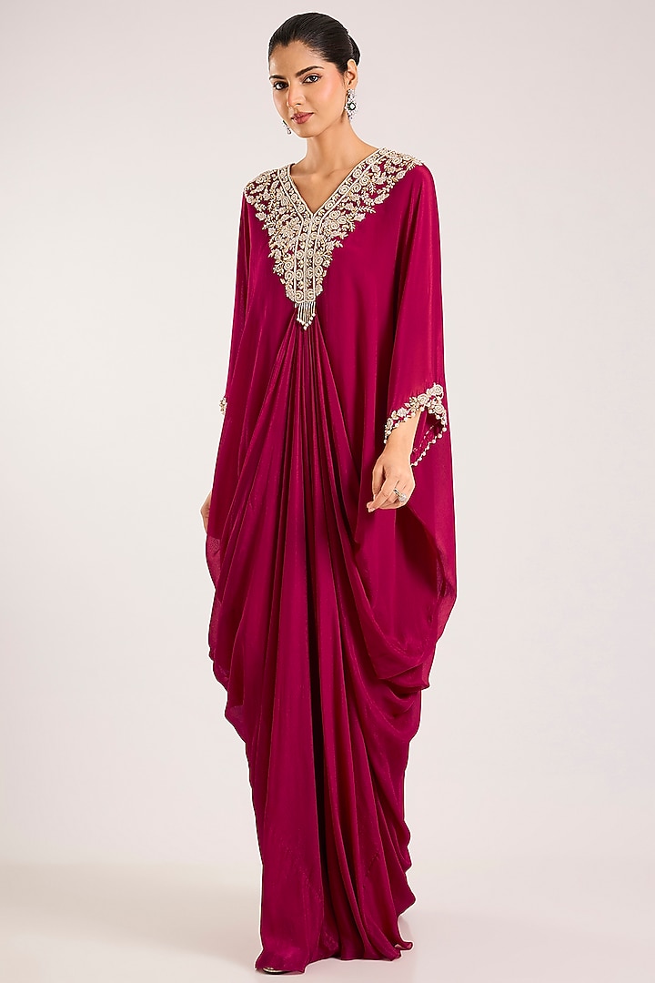 Berry Pink Chiffon Embellished Kaftan by Seema Thukral at Pernia's Pop Up Shop