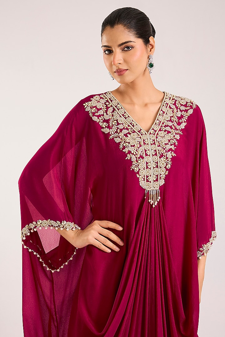 Berry Pink Chiffon Embellished Kaftan by Seema Thukral at Pernia's Pop Up Shop