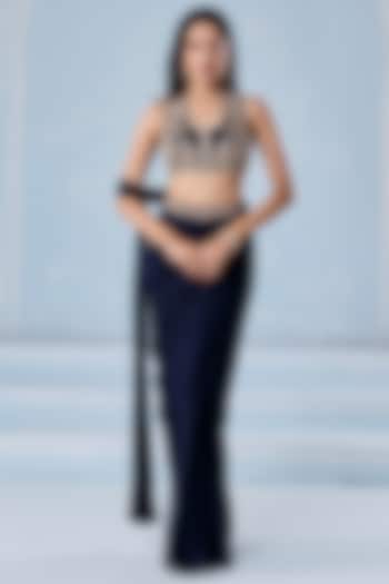 Navy Blue Georgette Embellished Pre-Draped Set by Seema Thukral at Pernia's Pop Up Shop