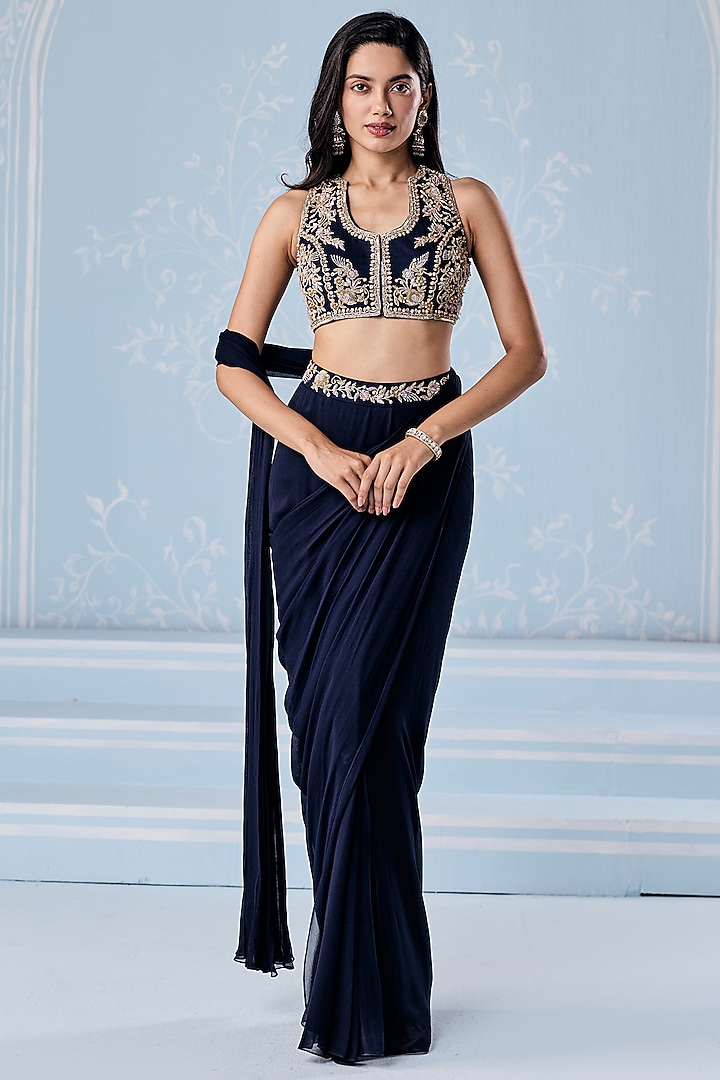 Navy Blue Georgette Embellished Pre-Draped Set by Seema Thukral at Pernia's Pop Up Shop