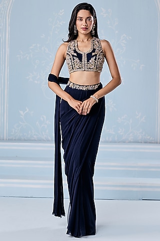Navy Blue Georgette Embellished Pre-Draped Set by Seema Thukral