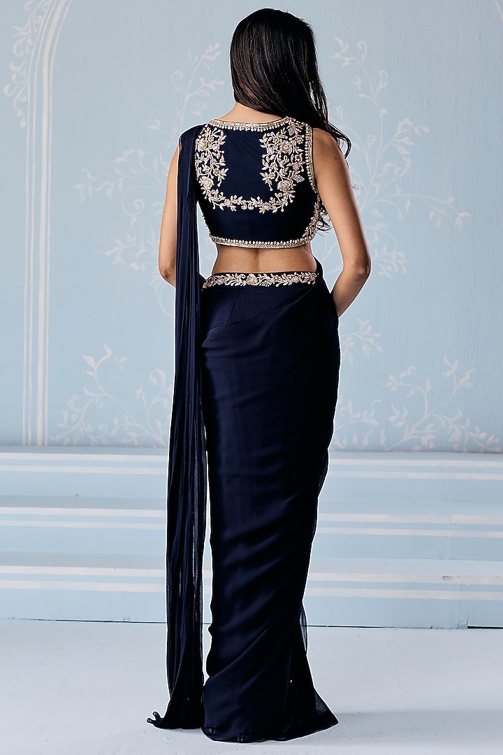 Navy Blue Georgette Embellished Pre-Draped Set by Seema Thukral at Pernia's Pop Up Shop