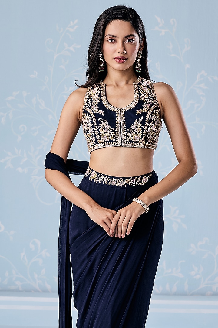 Navy Blue Georgette Embellished Pre-Draped Set by Seema Thukral at Pernia's Pop Up Shop
