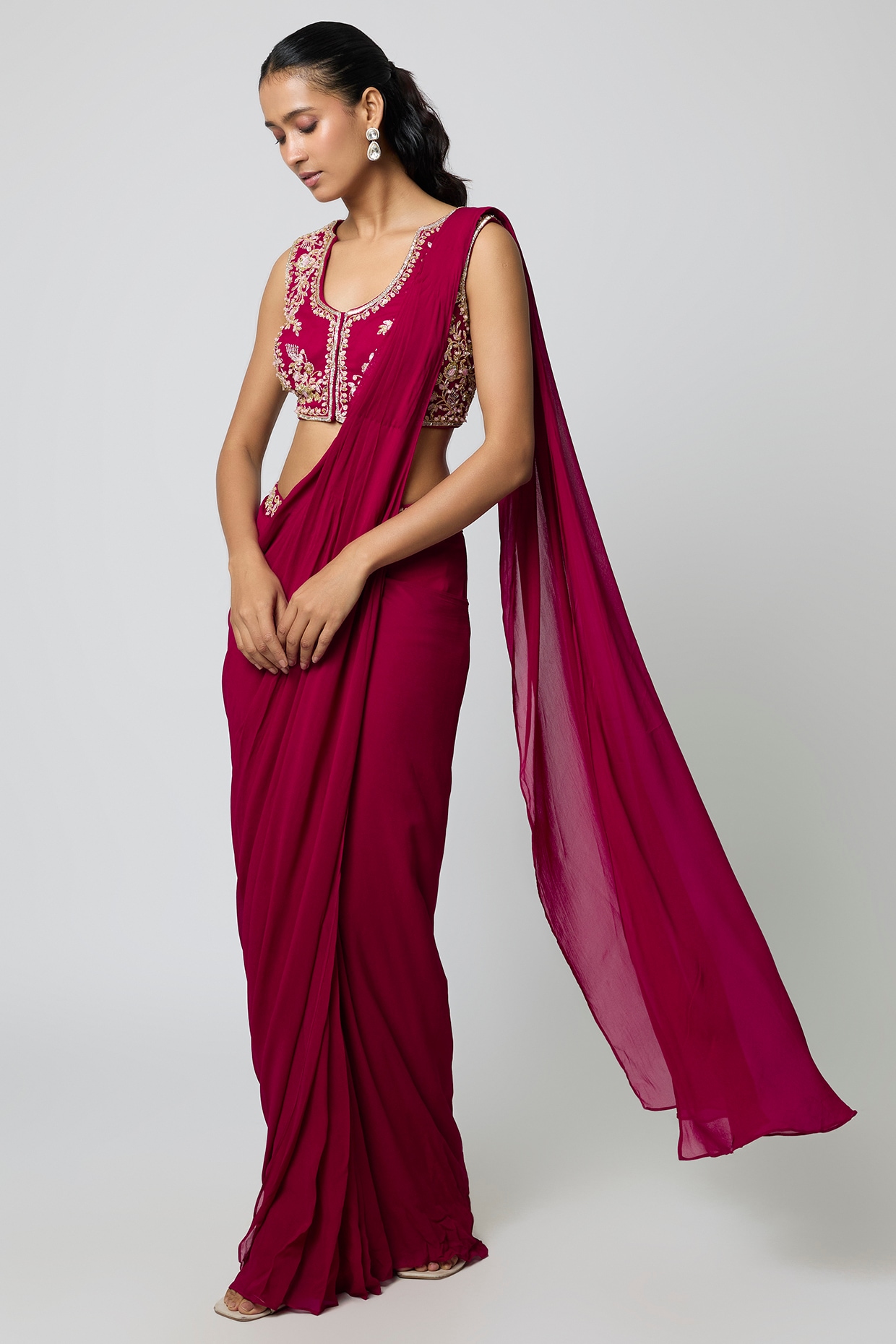 Seema Thukral Berry Pink Georgette Pre-Draped Saree Set