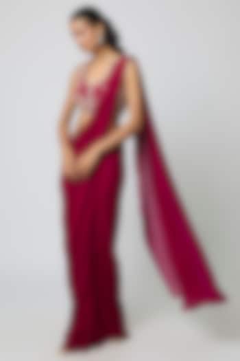 Berry Pink Georgette Pre-Draped Wedding Saree Set by Seema Thukral at Pernia's Pop Up Shop