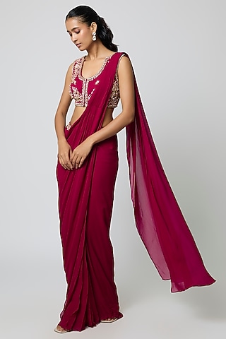 Berry Pink Georgette Pre-Draped Saree Set by Seema Thukral
