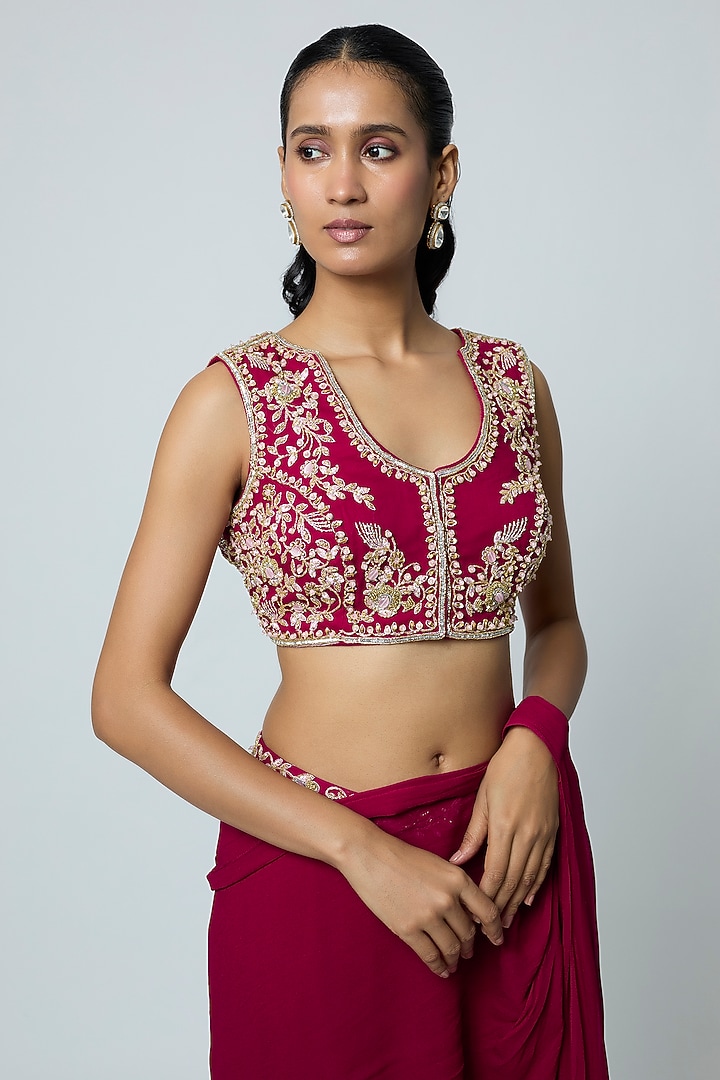 Berry Pink Georgette Pre-Draped Wedding Saree Set by Seema Thukral at Pernia's Pop Up Shop