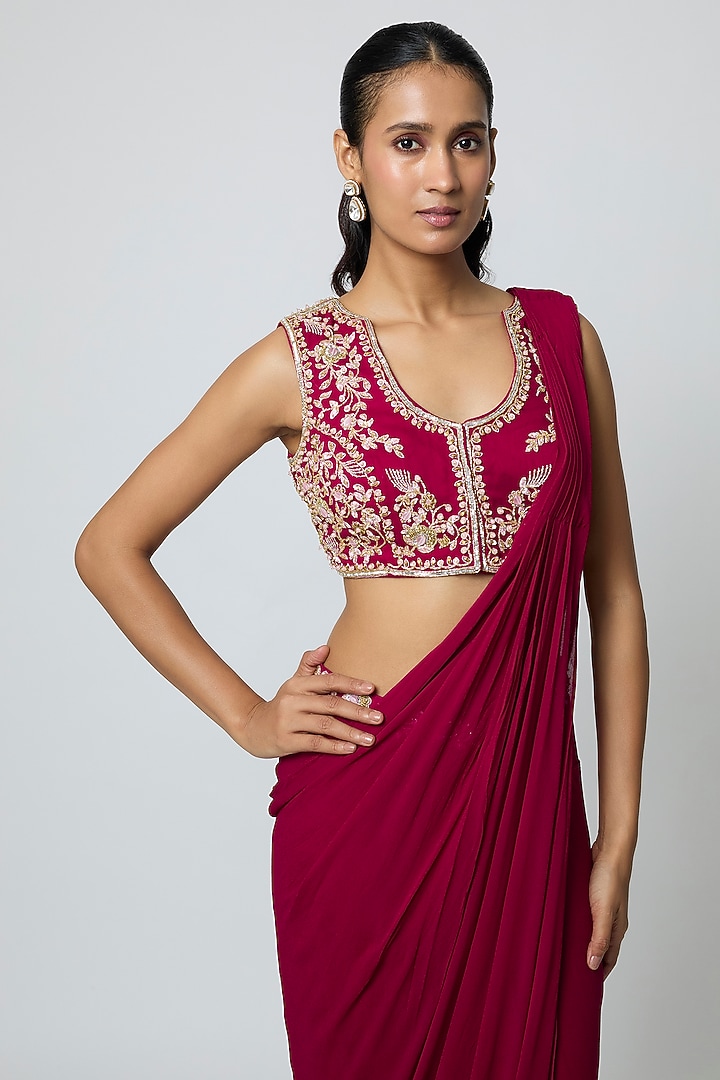Berry Pink Georgette Pre-Draped Wedding Saree Set by Seema Thukral at Pernia's Pop Up Shop