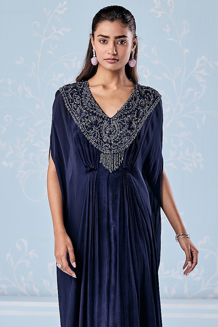 Navy Blue Chiffon Embellished Kaftan by Seema Thukral at Pernia's Pop Up Shop