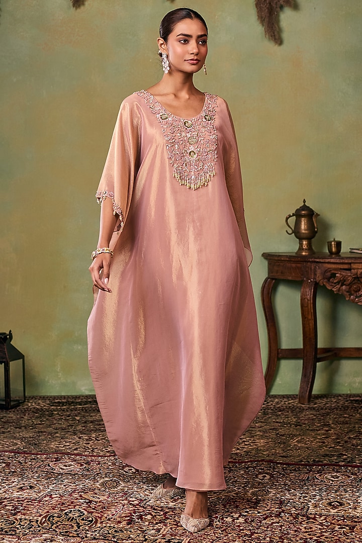 Rose Gold Tissue Embellished Kaftan Set by Seema Thukral at Pernia's Pop Up Shop