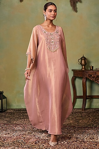 Rose Gold Tissue Embellished Kaftan Set by Seema Thukral