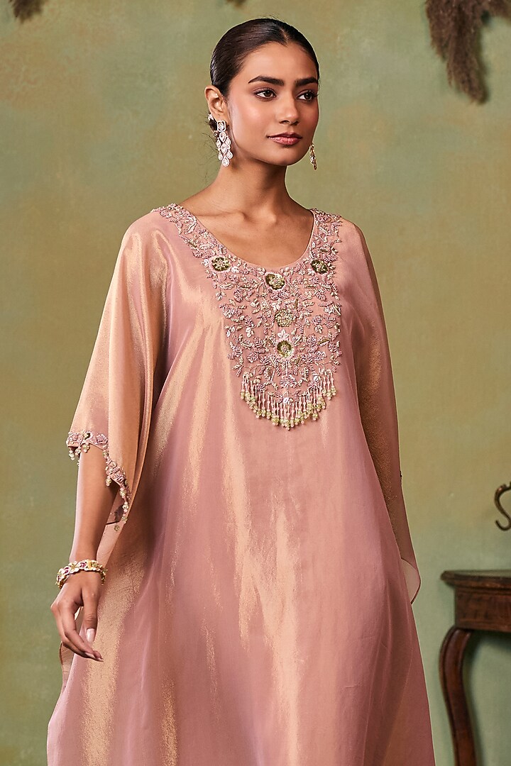Rose Gold Tissue Embellished Kaftan Set by Seema Thukral at Pernia's Pop Up Shop