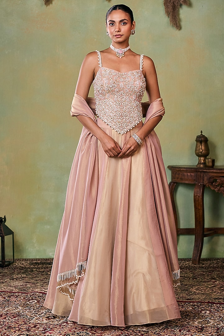 Glitter Gold-Rose Gold Tissue Wedding Lehenga Set by Seema Thukral at Pernia's Pop Up Shop