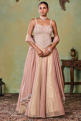 Glitter Gold-Rose Gold Tissue Lehenga Set by Seema Thukral