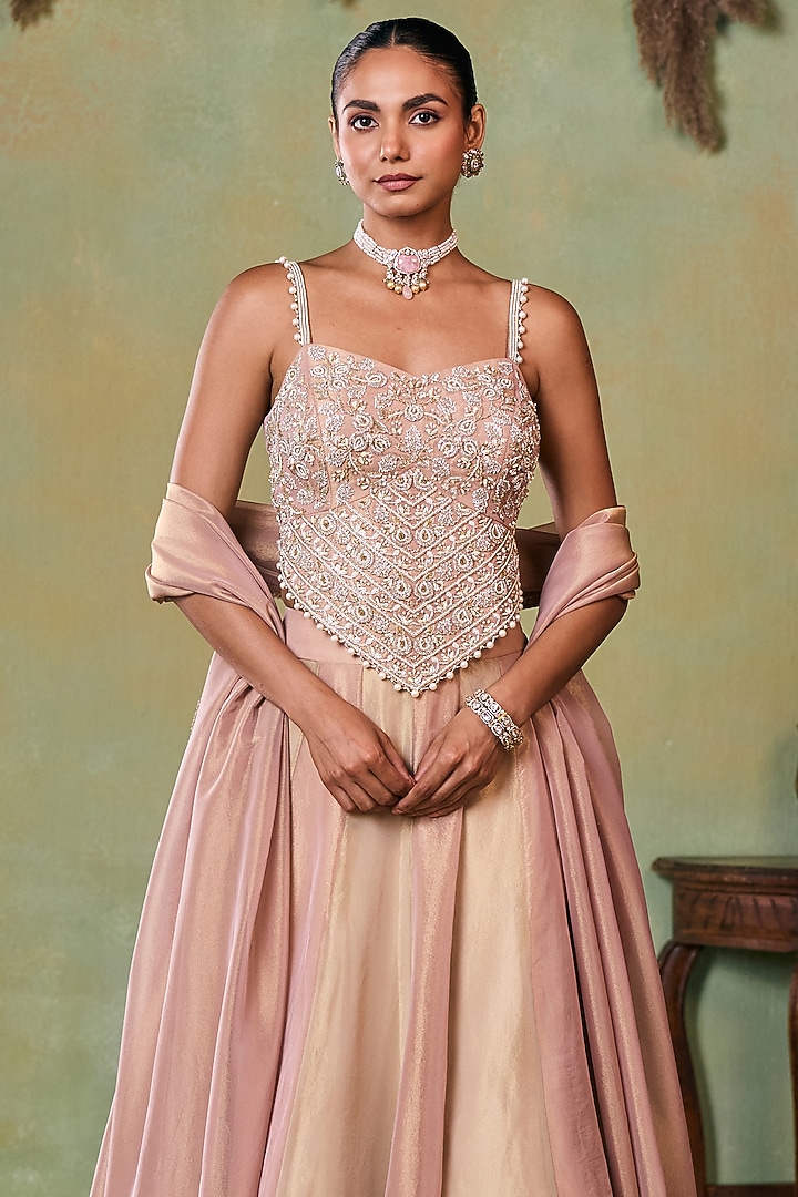 Glitter Gold-Rose Gold Tissue Wedding Lehenga Set by Seema Thukral at Pernia's Pop Up Shop