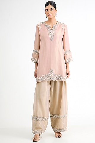 Rose Gold Tissue Embellished Kurta Set by Seema Thukral