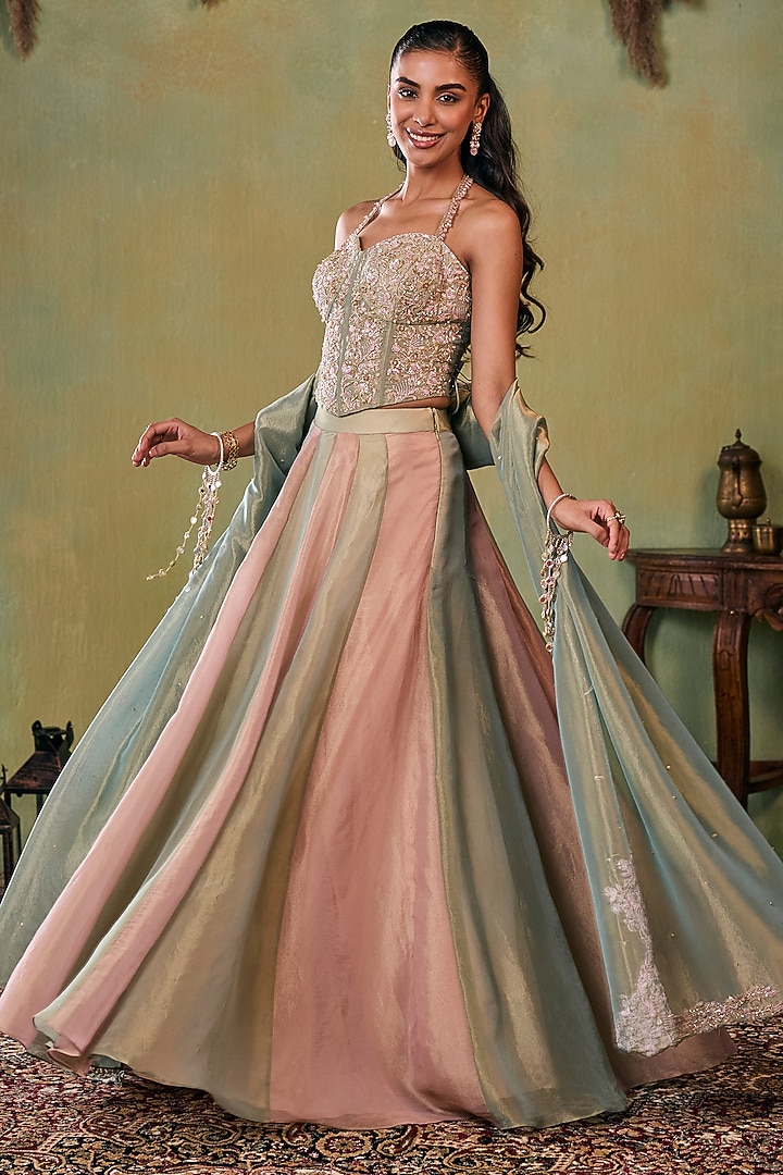 Rose Gold-Metallic Sage Green Tissue Wedding Lehenga Set by Seema Thukral at Pernia's Pop Up Shop