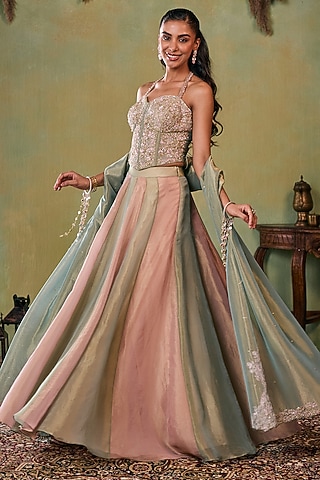 Rose Gold-Metallic Sage Green Tissue Lehenga Set by Seema Thukral