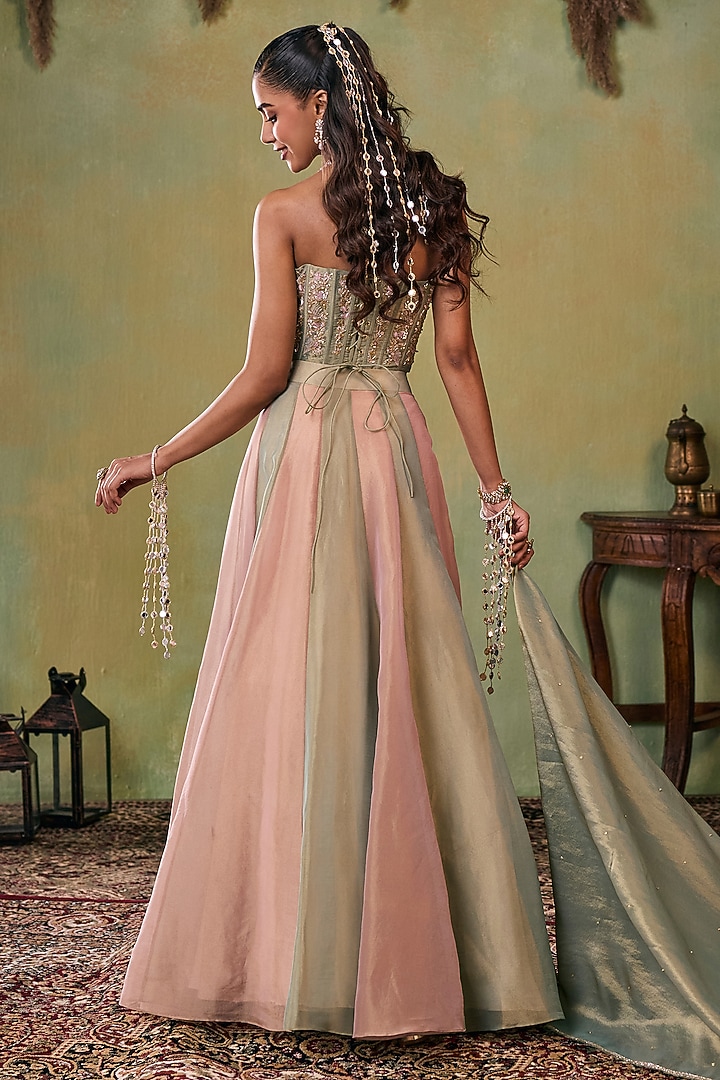 Rose Gold-Metallic Sage Green Tissue Wedding Lehenga Set by Seema Thukral at Pernia's Pop Up Shop