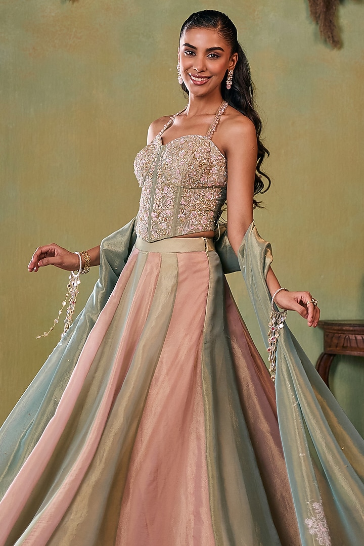Rose Gold-Metallic Sage Green Tissue Wedding Lehenga Set by Seema Thukral at Pernia's Pop Up Shop