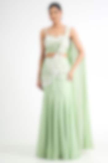 Mint Green Organza Embellished Draped Wedding Saree Set by Seema Thukral at Pernia's Pop Up Shop