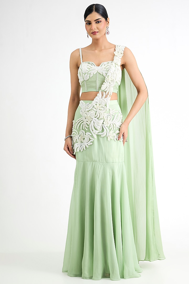 Mint Green Organza Embellished Draped Wedding Saree Set by Seema Thukral at Pernia's Pop Up Shop