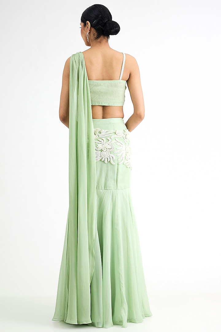 Mint Green Organza Embellished Draped Wedding Saree Set by Seema Thukral at Pernia's Pop Up Shop