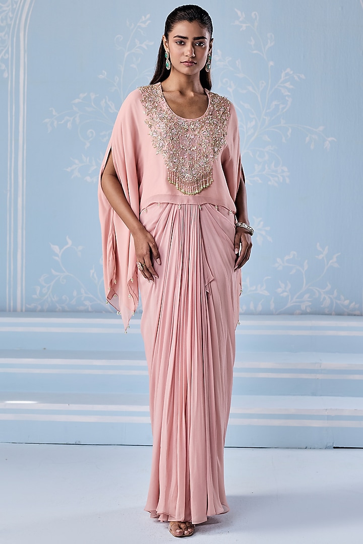Dusty Pink Georgette Draped Skirt Set by Seema Thukral at Pernia's Pop Up Shop