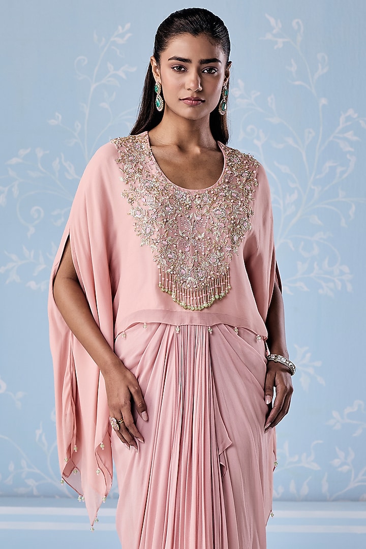 Dusty Pink Georgette Draped Skirt Set by Seema Thukral at Pernia's Pop Up Shop