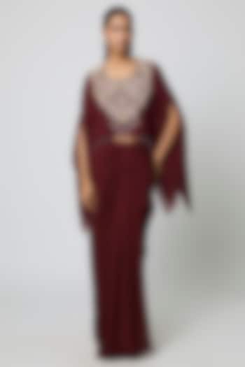Maroon Georgette Draped Skirt Set by Seema Thukral at Pernia's Pop Up Shop