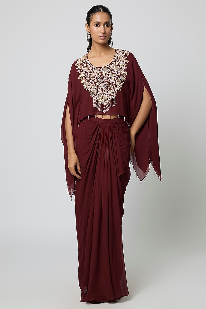 Maroon Georgette Draped Skirt Set by Seema Thukral at Pernia's Pop Up Shop