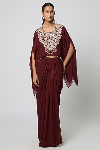 Maroon Georgette Draped Skirt Set by Seema Thukral