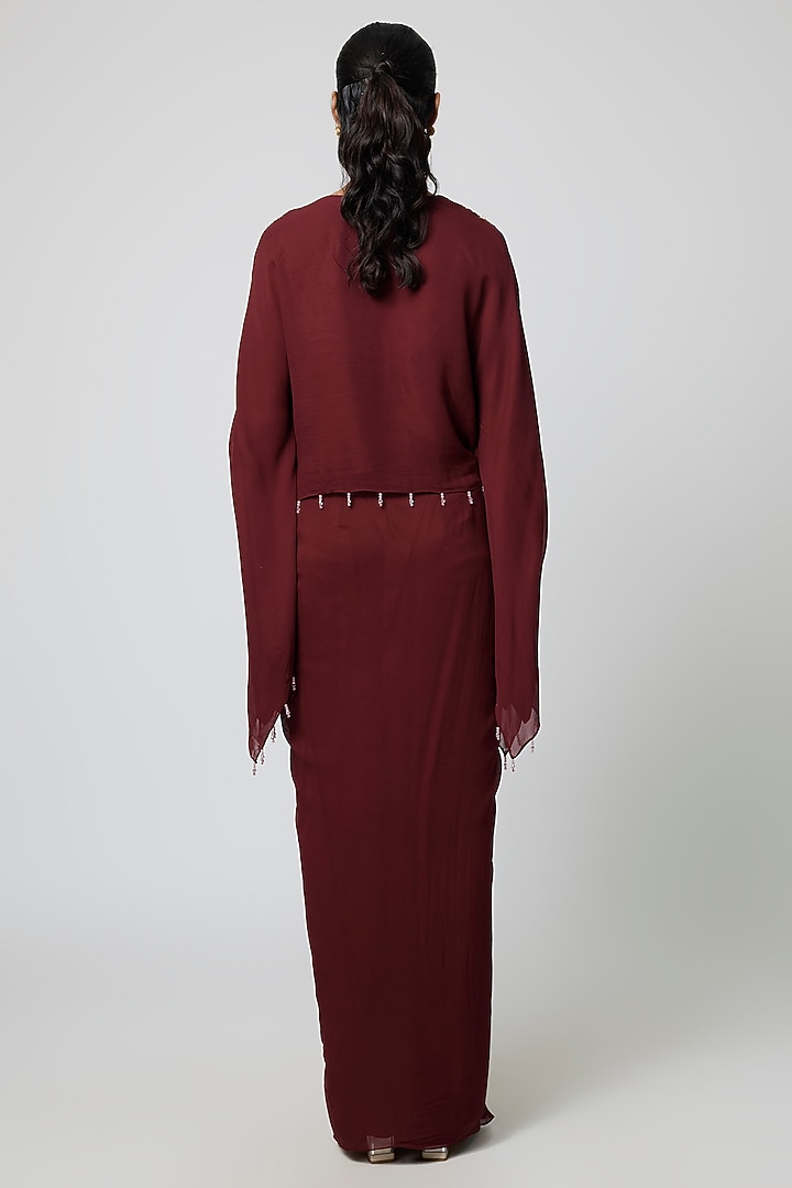 Maroon Georgette Draped Skirt Set by Seema Thukral at Pernia's Pop Up Shop