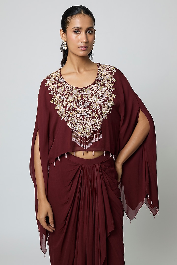 Maroon Georgette Draped Skirt Set by Seema Thukral at Pernia's Pop Up Shop