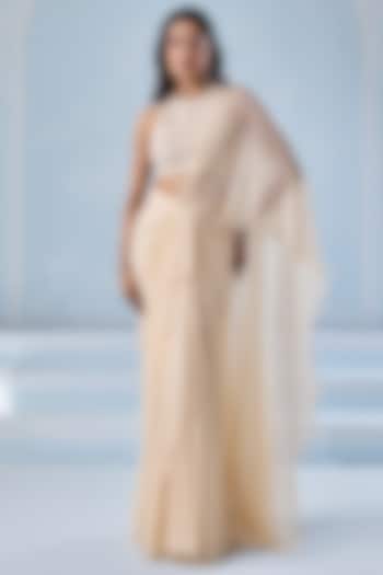 Ivory Georgette Embellished Pre-Stitched Wedding Saree Set by Seema Thukral at Pernia's Pop Up Shop