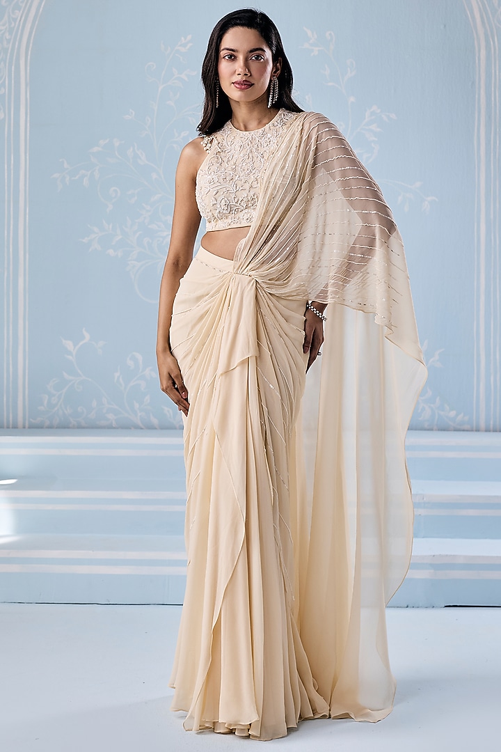 Ivory Georgette Embellished Pre-Stitched Wedding Saree Set by Seema Thukral at Pernia's Pop Up Shop