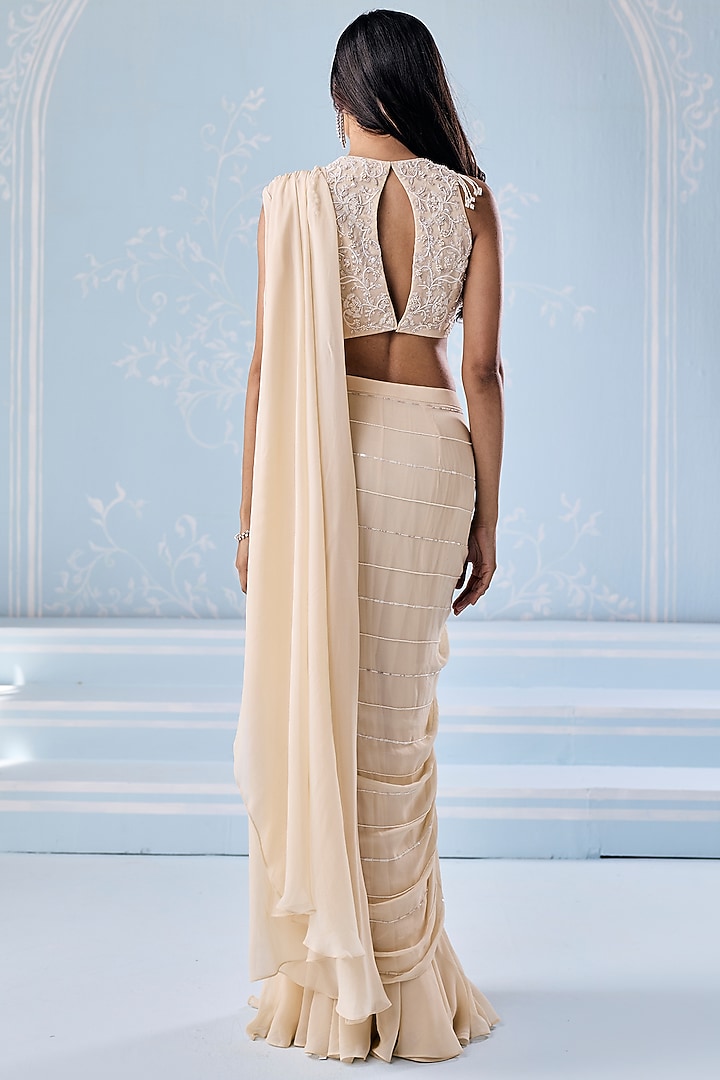 Ivory Georgette Embellished Pre-Stitched Wedding Saree Set by Seema Thukral at Pernia's Pop Up Shop