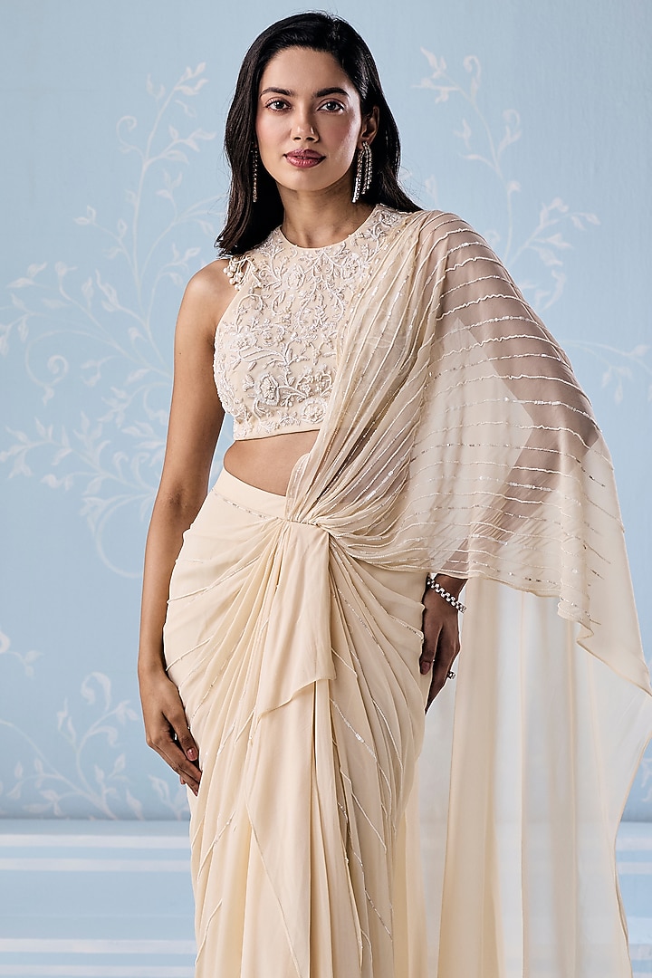 Ivory Georgette Embellished Pre-Stitched Wedding Saree Set by Seema Thukral at Pernia's Pop Up Shop