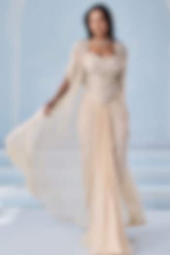 Ivory Georgette Embellished Draped Skirt Set by Seema Thukral at Pernia's Pop Up Shop