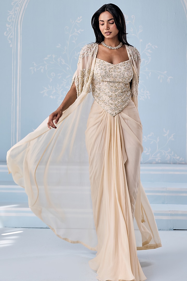 Ivory Georgette Embellished Draped Skirt Set by Seema Thukral at Pernia's Pop Up Shop