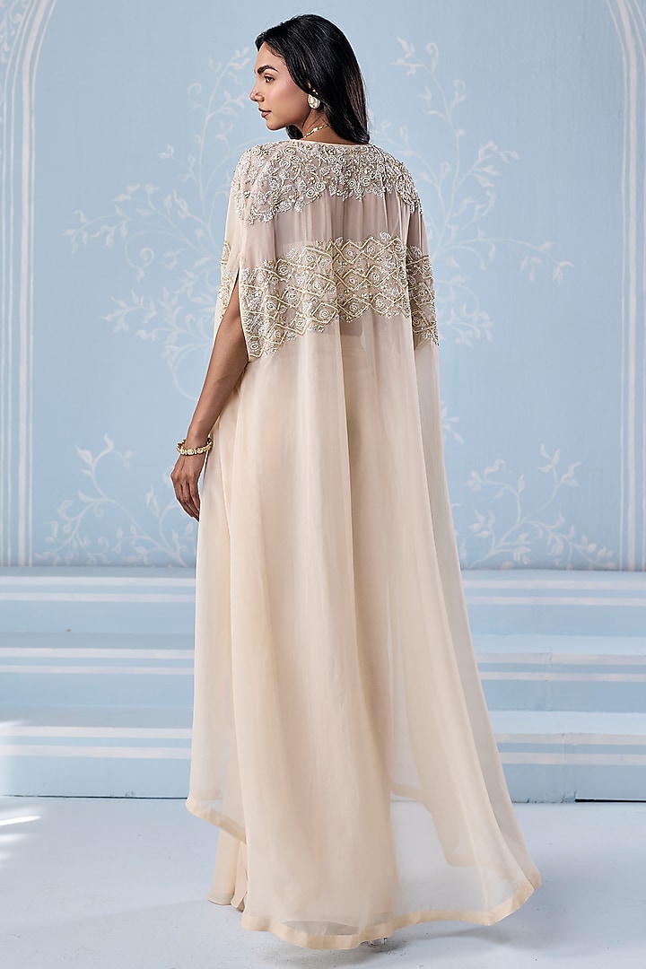 Ivory Georgette Embellished Draped Skirt Set by Seema Thukral at Pernia's Pop Up Shop