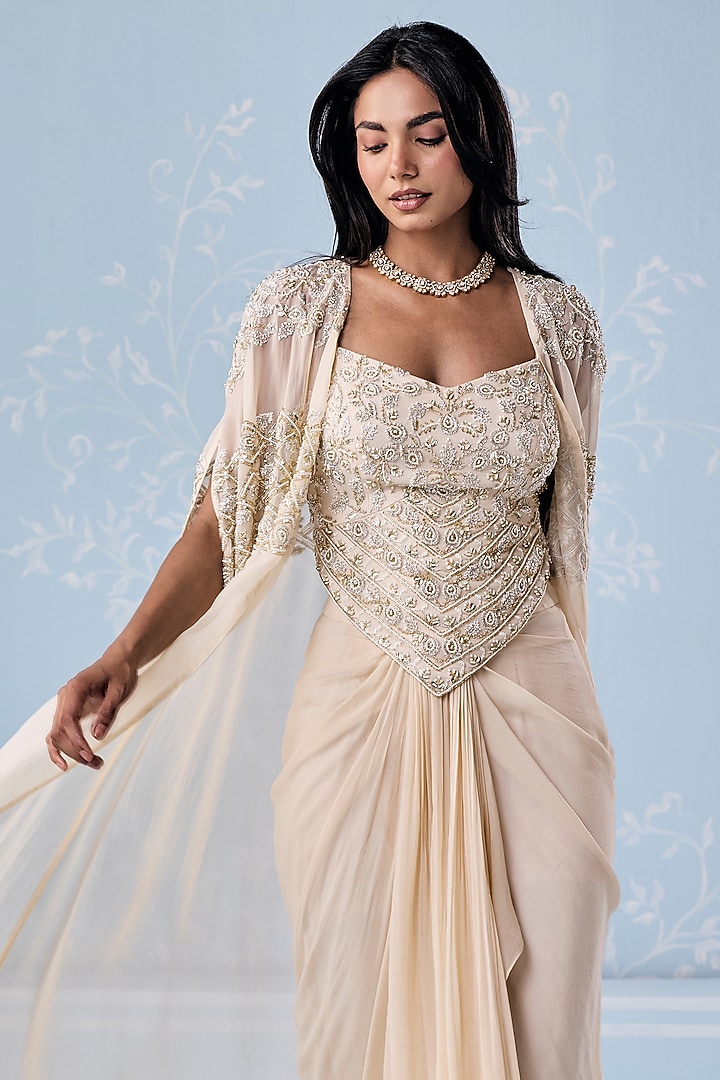 Ivory Georgette Embellished Draped Skirt Set by Seema Thukral at Pernia's Pop Up Shop