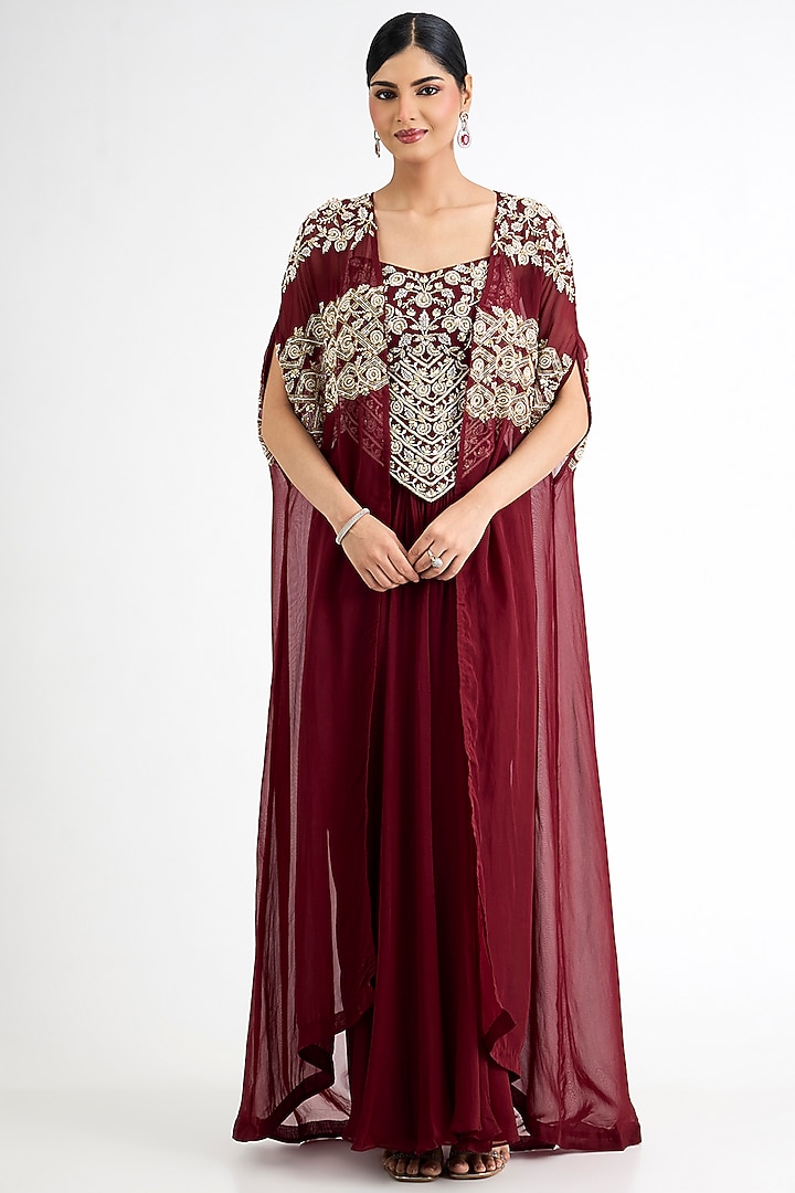 Maroon Georgette Embellished Cape Set by Seema Thukral at Pernia's Pop Up Shop