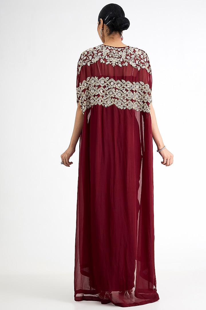 Maroon Georgette Embellished Cape Set by Seema Thukral at Pernia's Pop Up Shop