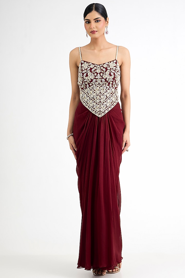 Maroon Georgette Embellished Cape Set by Seema Thukral at Pernia's Pop Up Shop