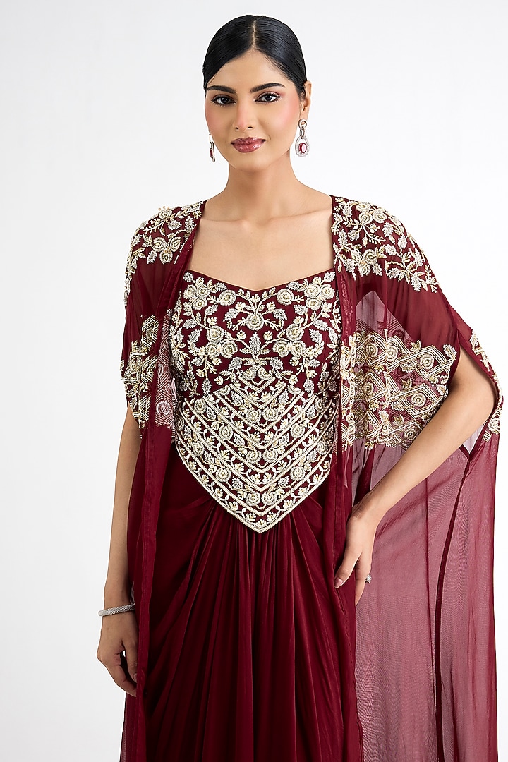 Maroon Georgette Embellished Cape Set by Seema Thukral at Pernia's Pop Up Shop