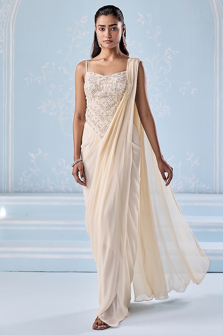 Ivory Georgette Embellished Pre-Draped Wedding Saree Set by Seema Thukral at Pernia's Pop Up Shop
