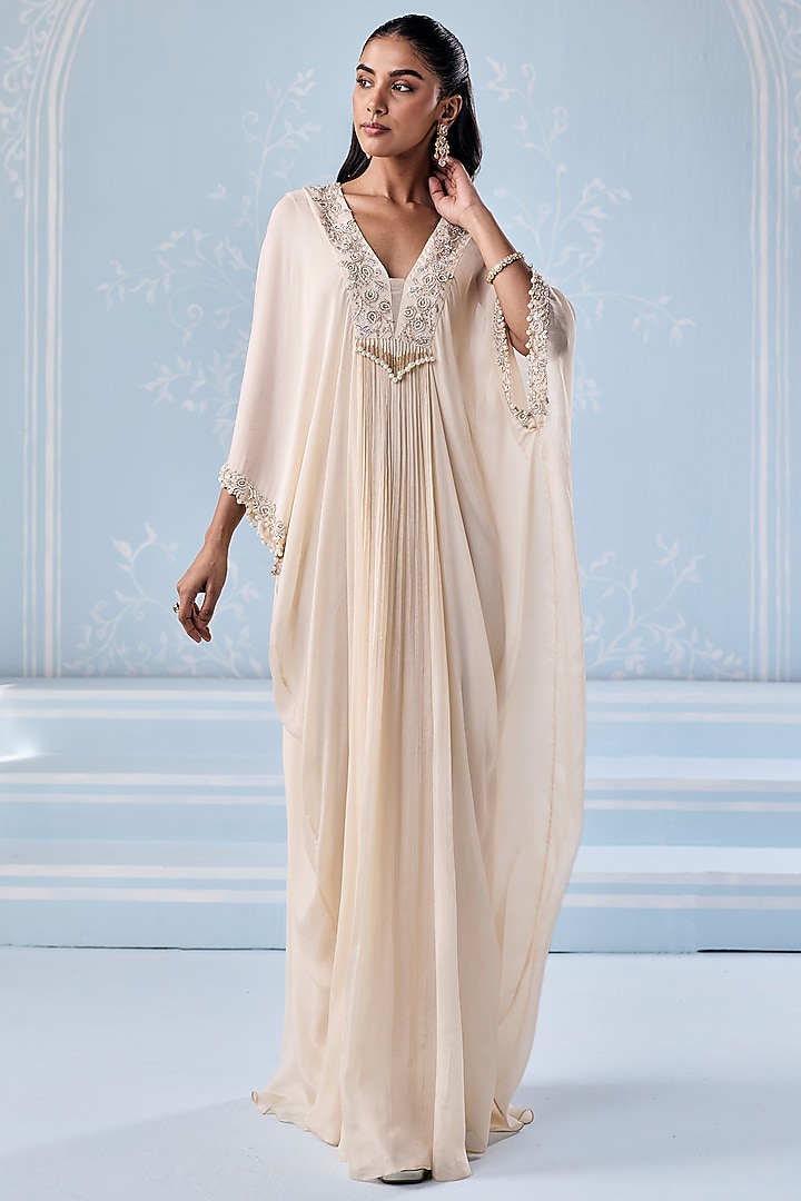 Ivory Chiffon Embellished Kaftan by Seema Thukral at Pernia's Pop Up Shop