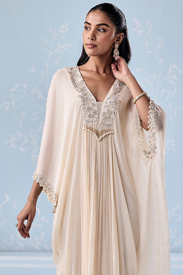 Ivory Chiffon Embellished Kaftan by Seema Thukral at Pernia's Pop Up Shop